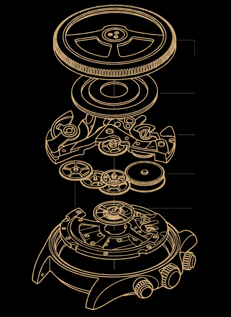 Exploded fine-watch caseback illustration
